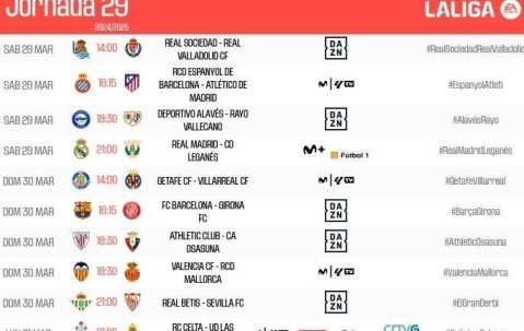 西甲29轮调整：30日23：15巴萨vs赫罗纳 31日1:30毕巴vs奥萨苏纳
